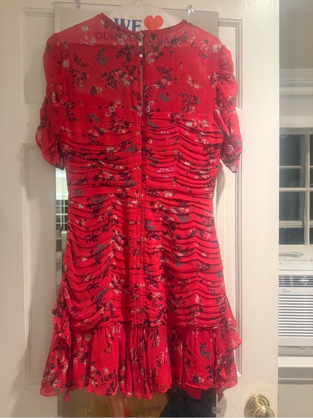 Red Floral Ruched Short Dress with Ruffle Hem
